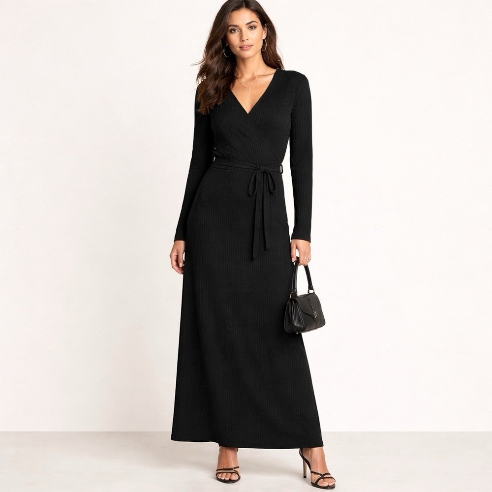 Old Navy Ribbed Knit Wrap Dress Maxi Black Sz XL Tall Long Sleeve Minimalist